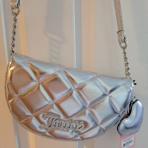 Juicy Couture Quilted Crossbody Saddle Flap Bag Heart Charm Silver NWT